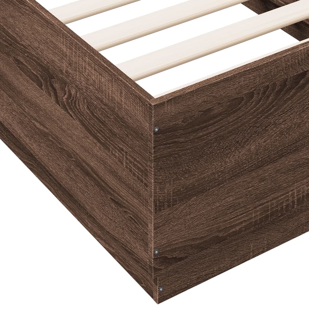 sengeramme med LED-lys 90x190 cm konstrueret træ brun egetræ