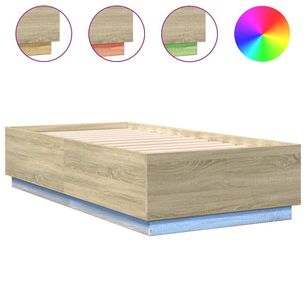 sengeramme med LED-lys 75x190 cm konstrueret træ sonoma-eg