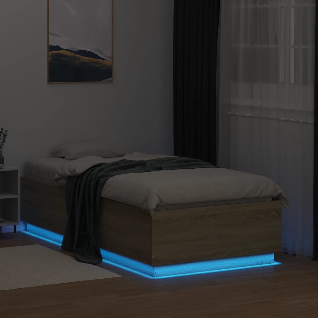 sengeramme med LED-lys 75x190 cm konstrueret træ sonoma-eg