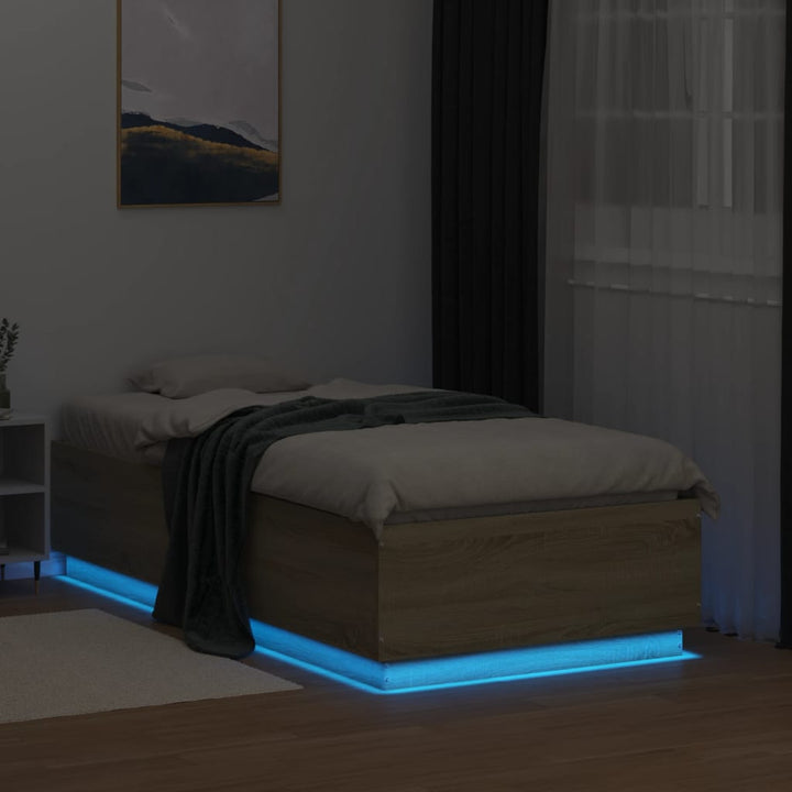 sengeramme med LED-lys 75x190 cm konstrueret træ sonoma-eg
