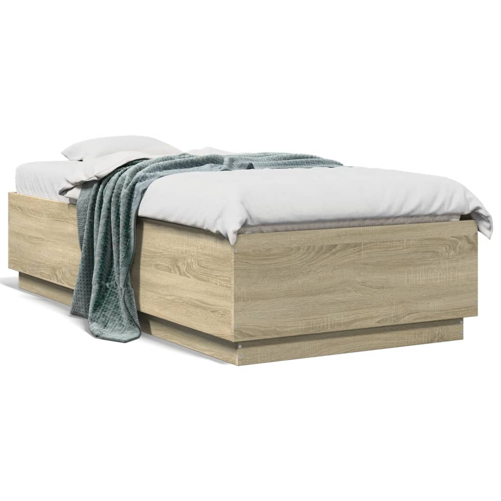 sengeramme med LED-lys 75x190 cm konstrueret træ sonoma-eg