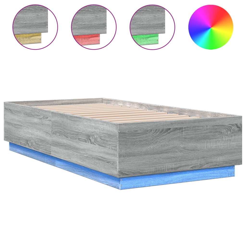 sengeramme m. LED-lys 75x190 cm konstrueret træ grå sonoma-eg
