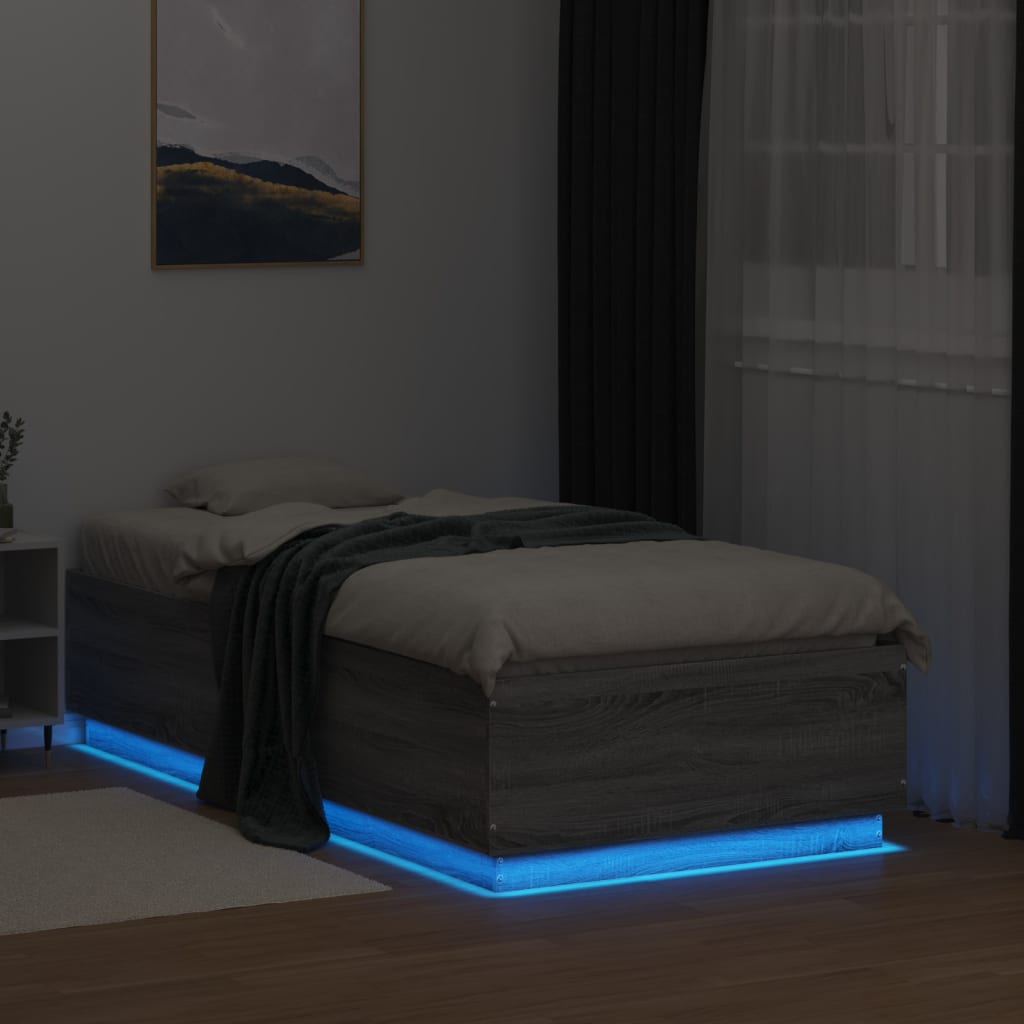 sengeramme m. LED-lys 75x190 cm konstrueret træ grå sonoma-eg