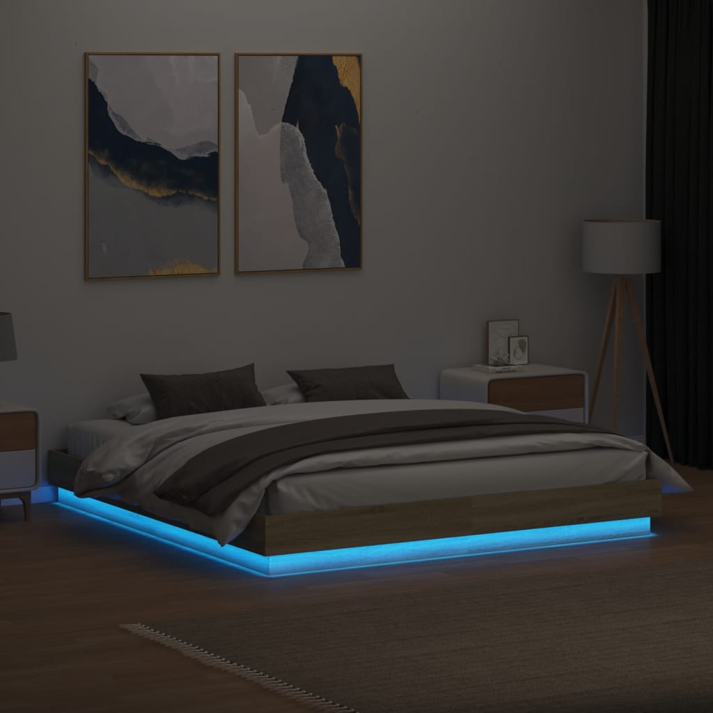 sengeramme med LED-lys 200x200 cm sonoma-eg