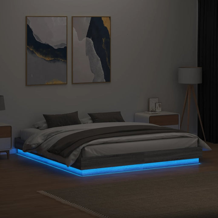 sengeramme med LED-lys 200x200 cm grå sonoma-eg