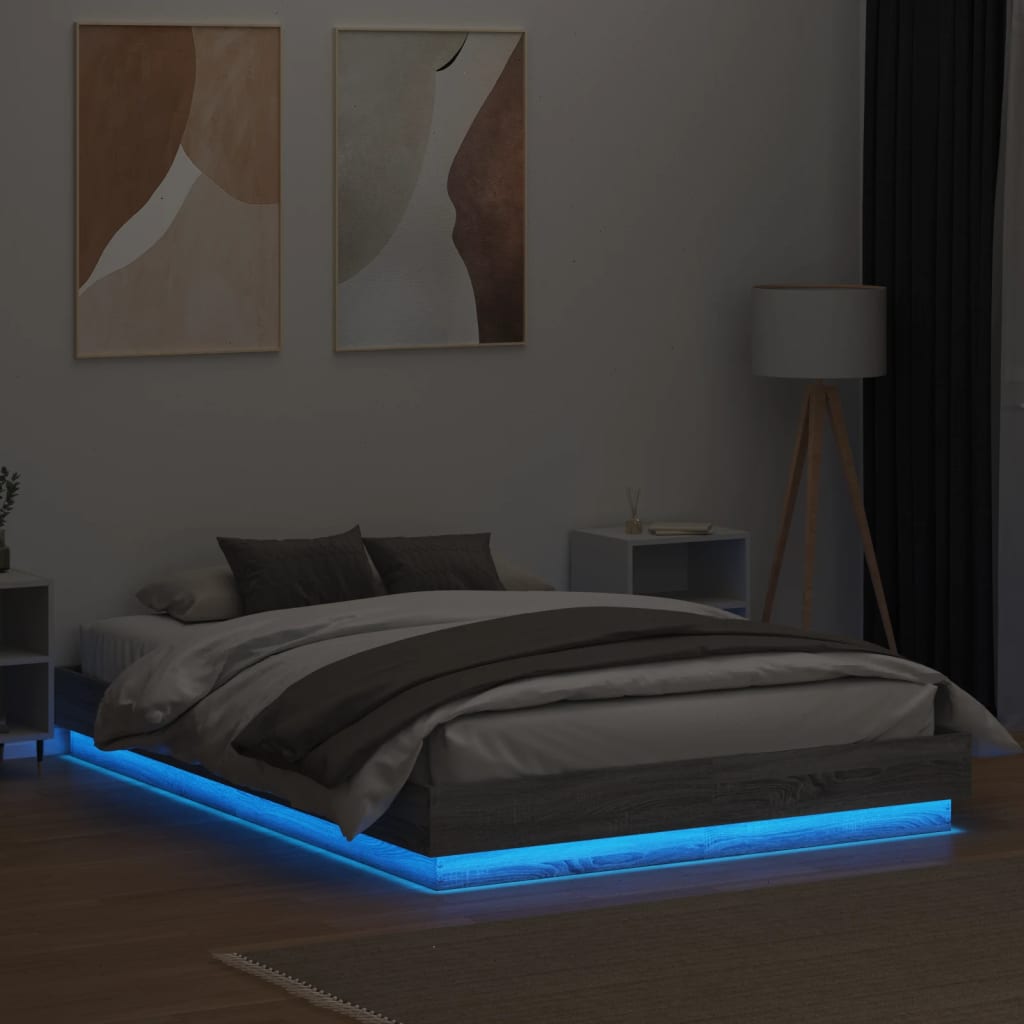 sengeramme med LED-lys 140x200 cm grå sonoma-eg