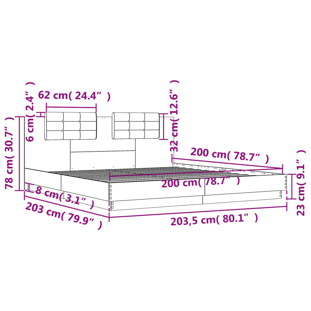 sengeramme med sengegavl 200x200 cm konstrueret træ grå sonoma