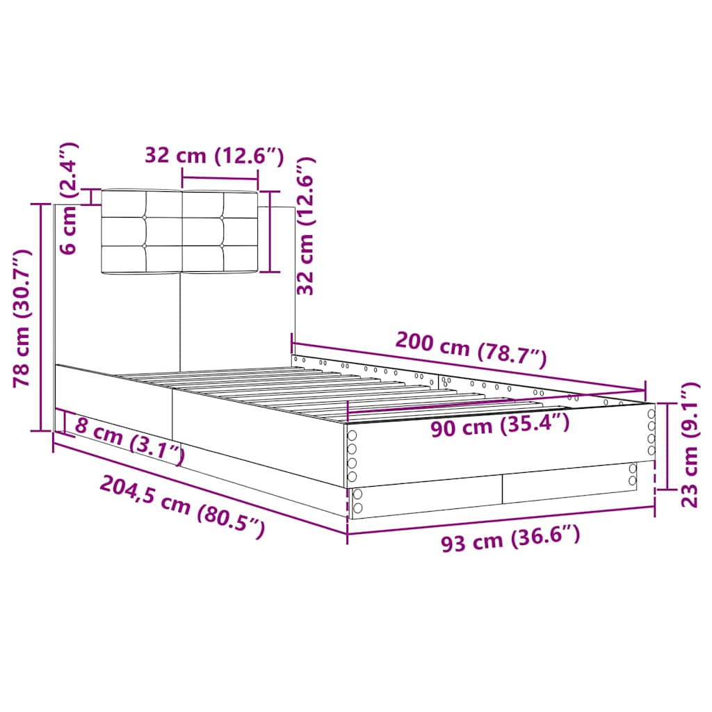 sengeramme med sengegavl 90x200 cm konstrueret træ betongrå