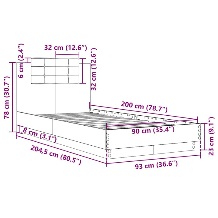 sengeramme med sengegavl 90x200 cm konstrueret træ betongrå