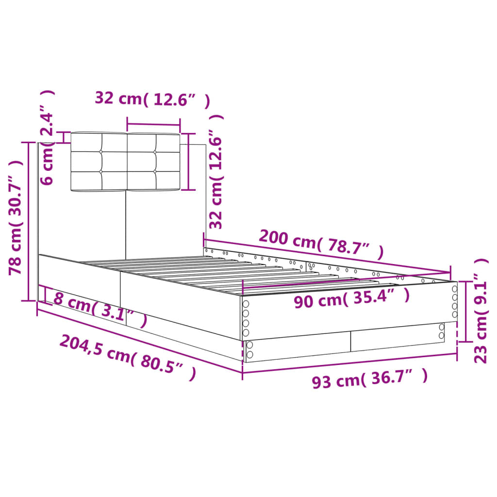 sengeramme med sengegavl 90x200 cm konstrueret træ grå sonoma