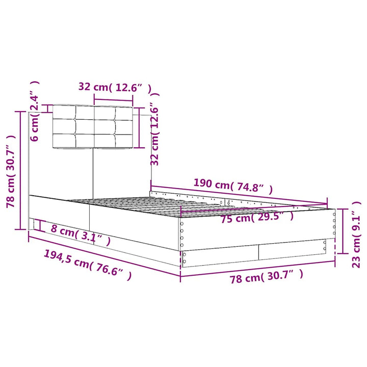 sengeramme med sengegavl 75x190 cm konstrueret træ sort