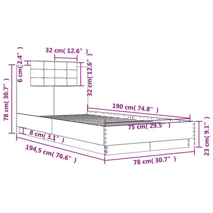 sengeramme med sengegavl 75x190 cm konstrueret træ sonoma-eg