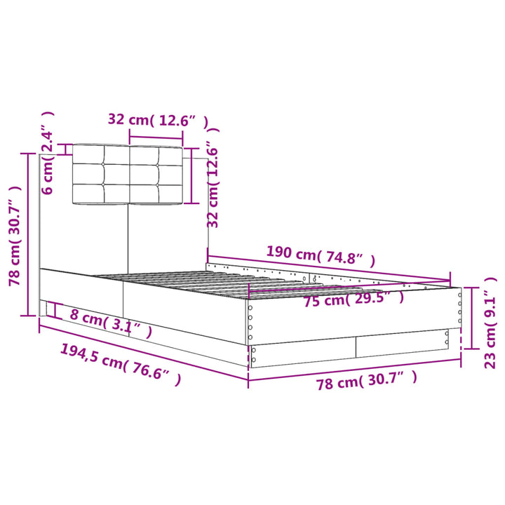 sengeramme m. sengegavl 75x190 cm konstrueret træ grå sonoma-eg