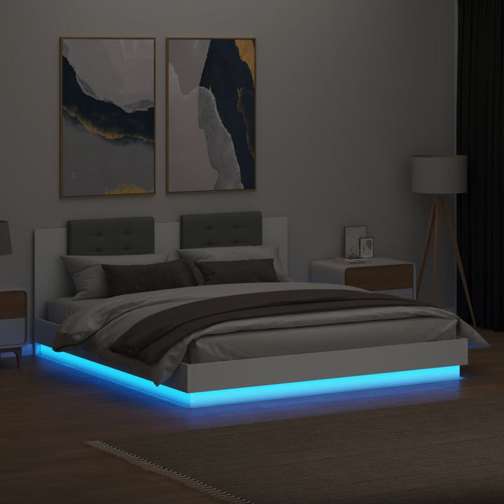 sengeramme med sengegavl og LED-lys 200x200 cm hvid