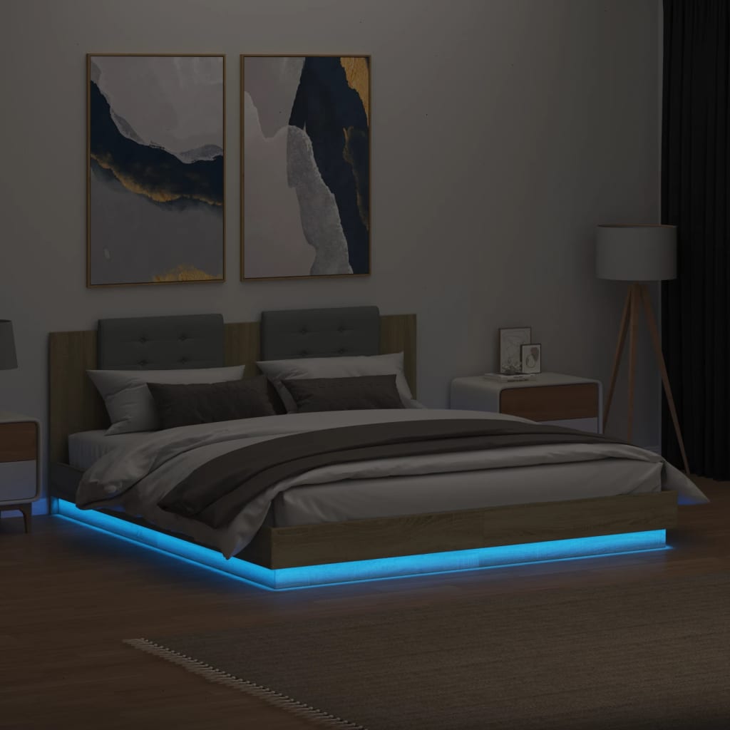 sengeramme med sengegavl og LED-lys 200x200 cm sonoma-eg