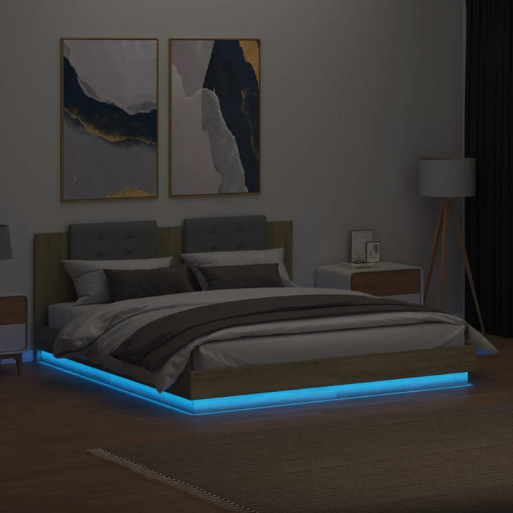 sengeramme med sengegavl og LED-lys 200x200 cm sonoma-eg