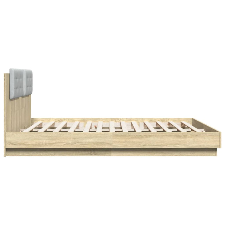 sengeramme med sengegavl og LED-lys 200x200 cm sonoma-eg
