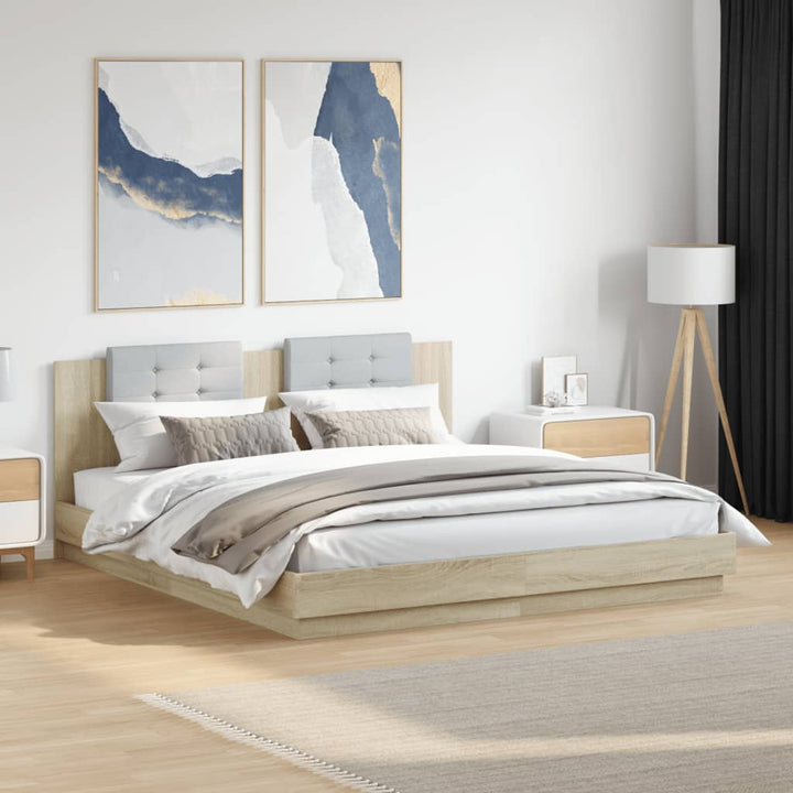 sengeramme med sengegavl og LED-lys 200x200 cm sonoma-eg