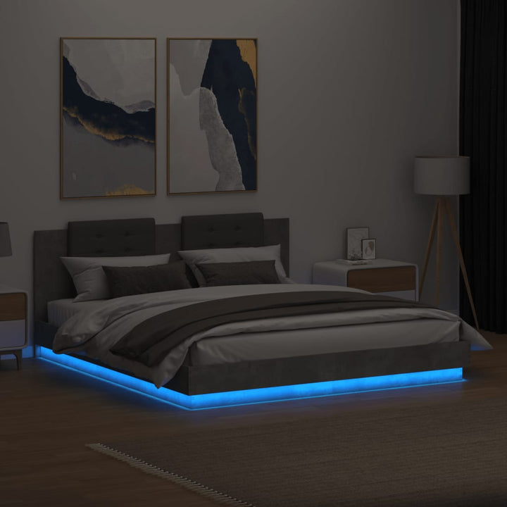sengeramme med sengegavl og LED-lys 200x200 cm betongrå