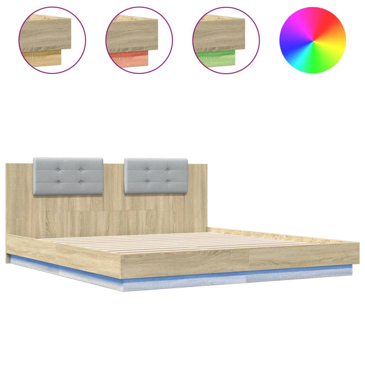 sengeramme med sengegavl og LED-lys 180x200 cm sonoma-eg
