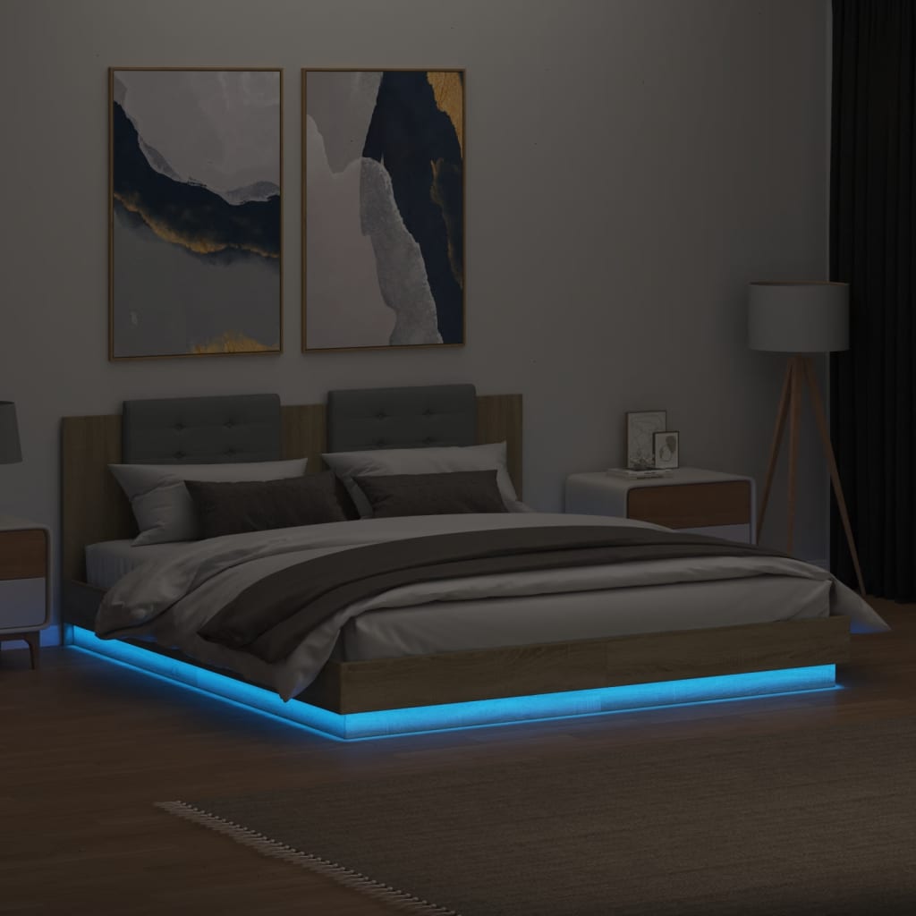 sengeramme med sengegavl og LED-lys 180x200 cm sonoma-eg