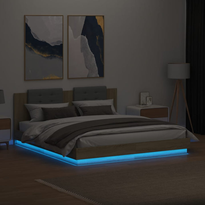 sengeramme med sengegavl og LED-lys 180x200 cm sonoma-eg
