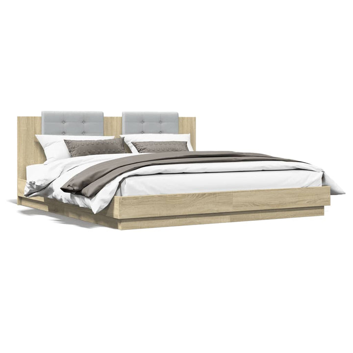 sengeramme med sengegavl og LED-lys 180x200 cm sonoma-eg