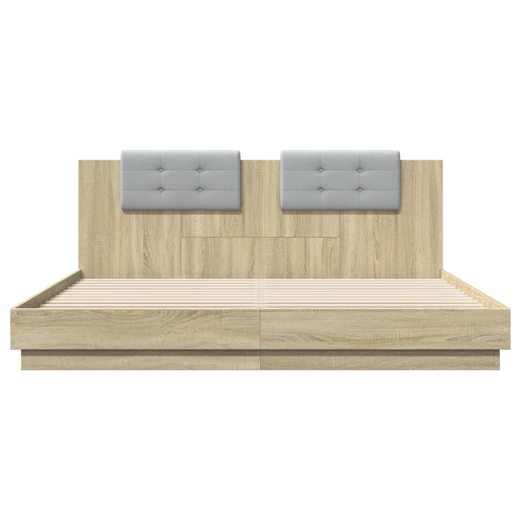 sengeramme med sengegavl og LED-lys 180x200 cm sonoma-eg