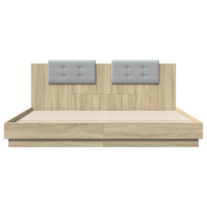 sengeramme med sengegavl og LED-lys 180x200 cm sonoma-eg