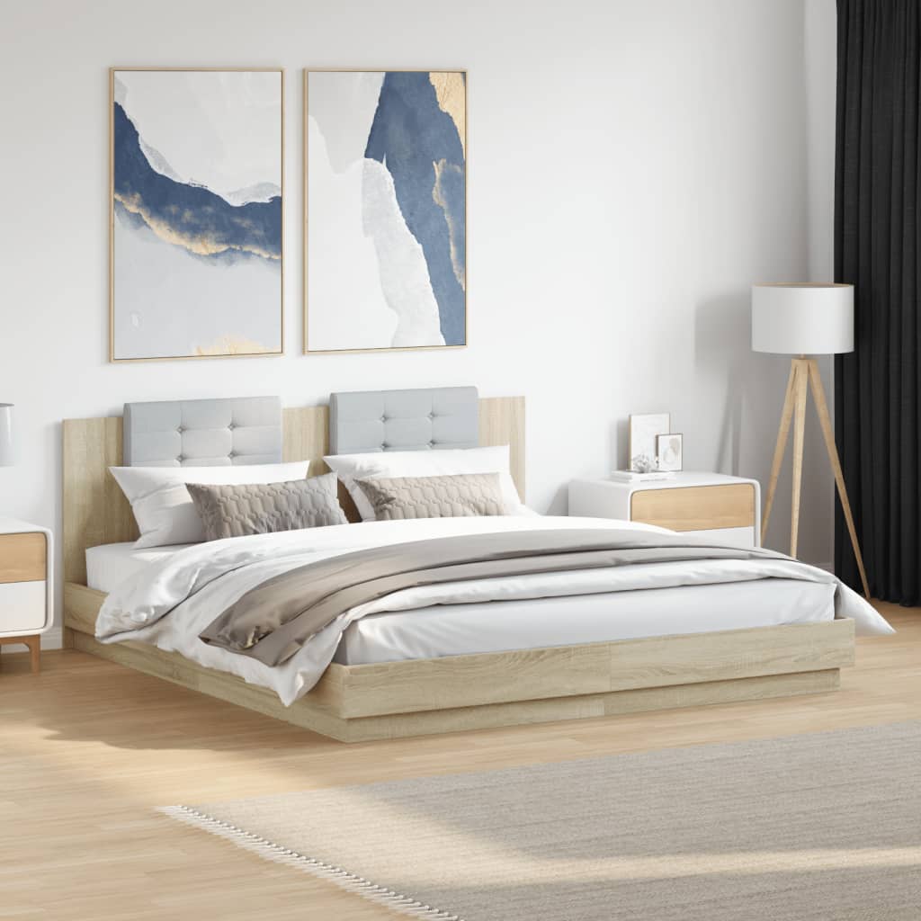 sengeramme med sengegavl og LED-lys 180x200 cm sonoma-eg