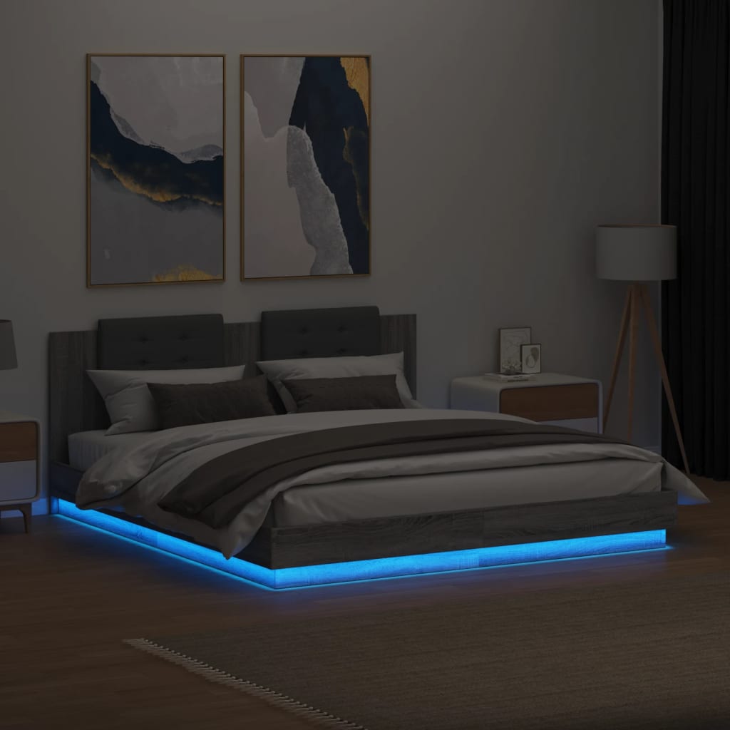 sengeramme med sengegavl og LED-lys 160x200 cm grå sonoma-eg