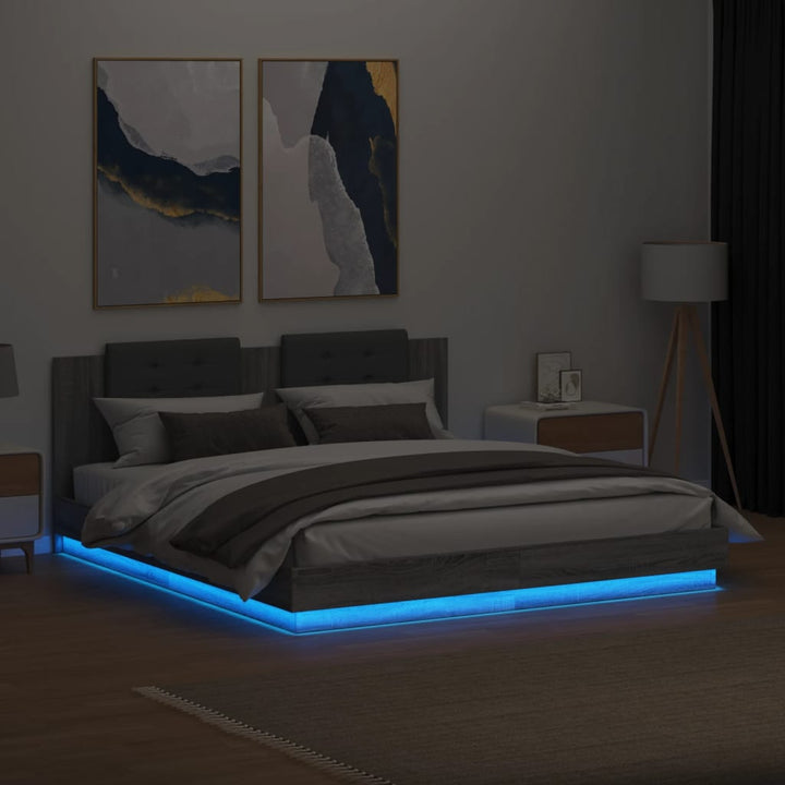 sengeramme med sengegavl og LED-lys 160x200 cm grå sonoma-eg