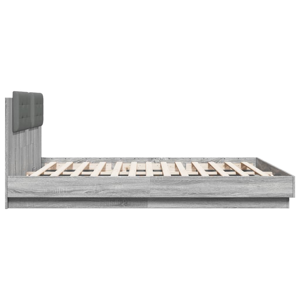 sengeramme med sengegavl og LED-lys 160x200 cm grå sonoma-eg