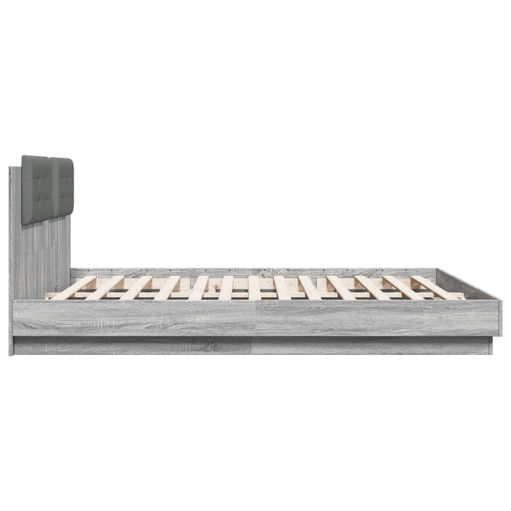 sengeramme med sengegavl og LED-lys 160x200 cm grå sonoma-eg