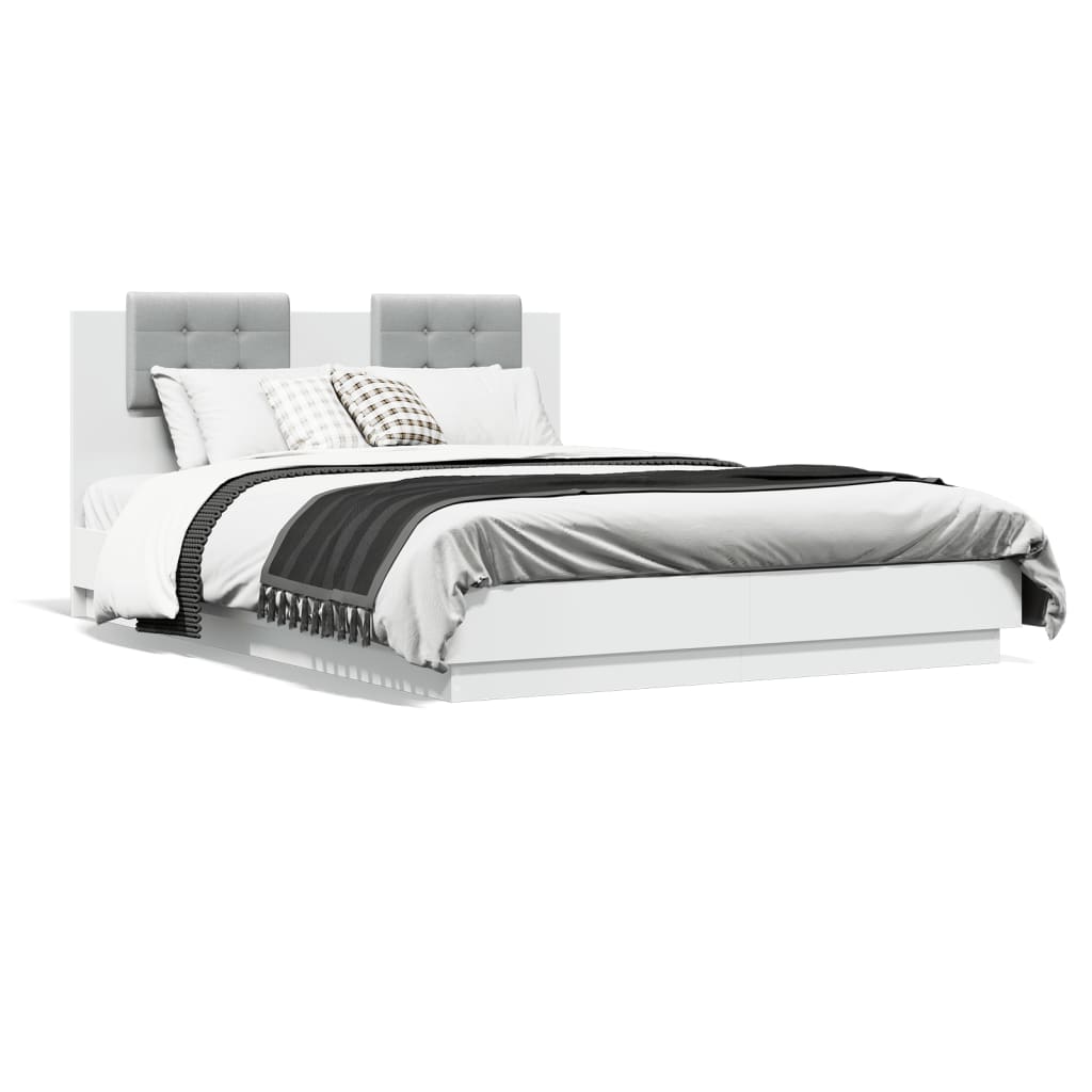 sengeramme med sengegavl og LED-lys 150x200 cm hvid