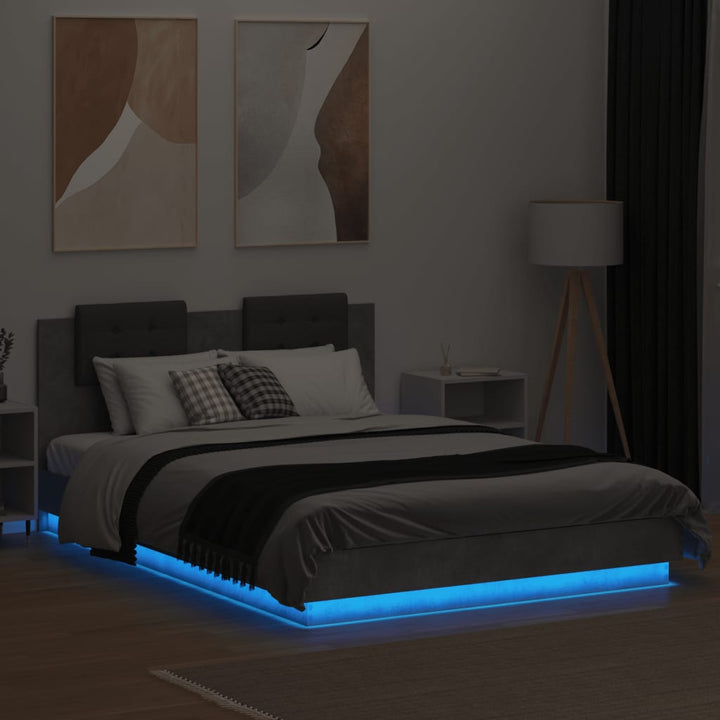 sengeramme med sengegavl og LED-lys 150x200 cm betongrå