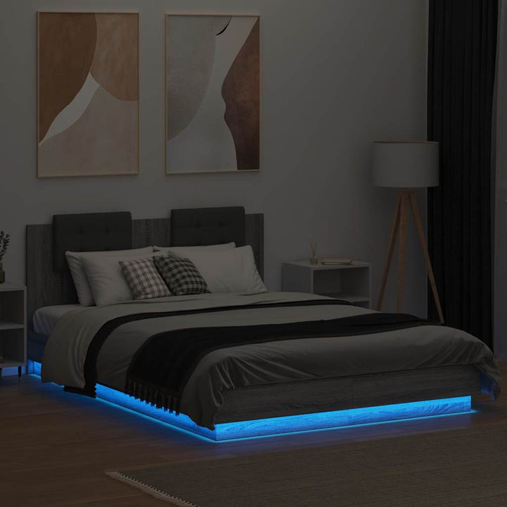 sengeramme med sengegavl og LED-lys 150x200 cm grå sonoma-eg