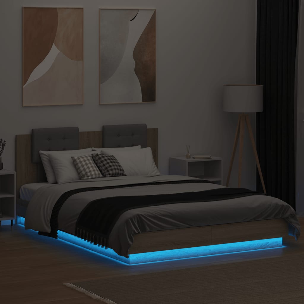 sengeramme med sengegavl og LED-lys 140x200 cm sonoma-eg