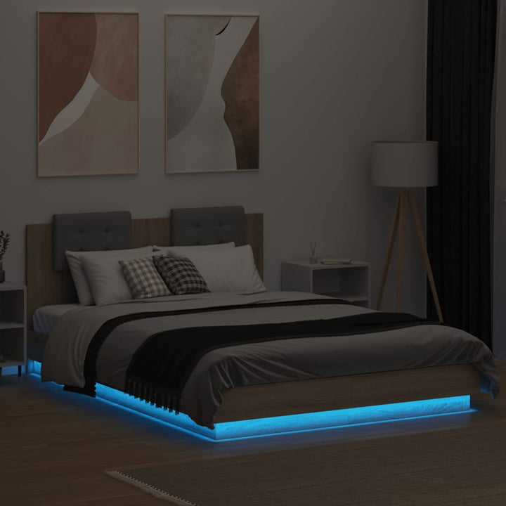 sengeramme med sengegavl og LED-lys 140x200 cm sonoma-eg