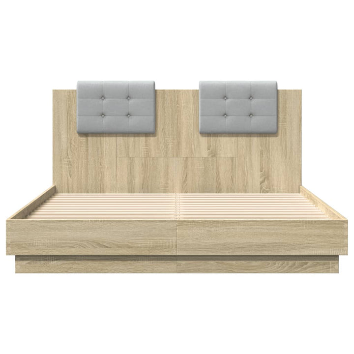 sengeramme med sengegavl og LED-lys 140x200 cm sonoma-eg
