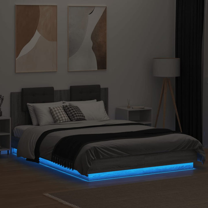 sengeramme med sengegavl og LED-lys 120x200 cm grå sonoma-eg