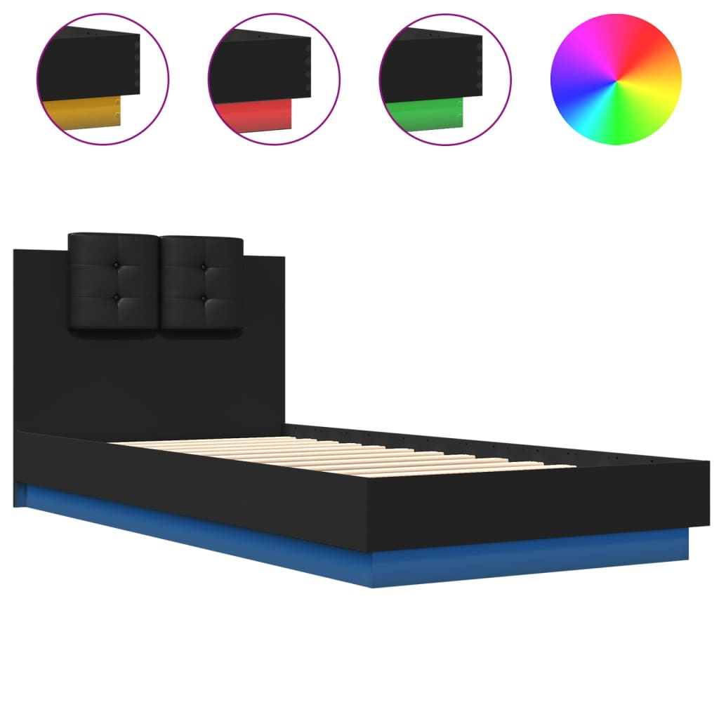 sengeramme med sengegavl og LED-lys 100x200 cm sort