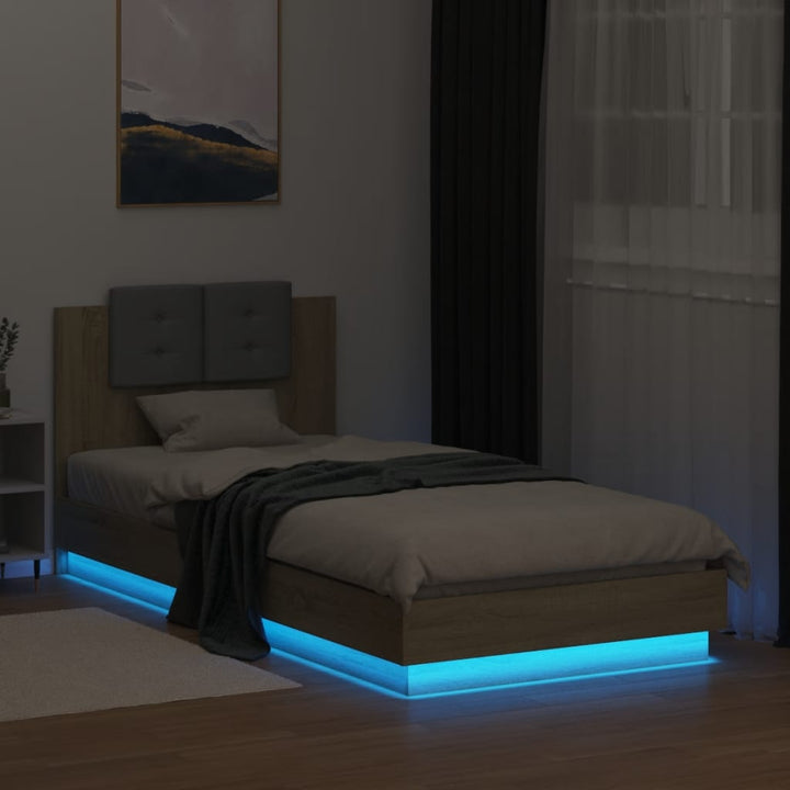sengeramme med sengegavl og LED-lys 100x200 cm sonoma-eg