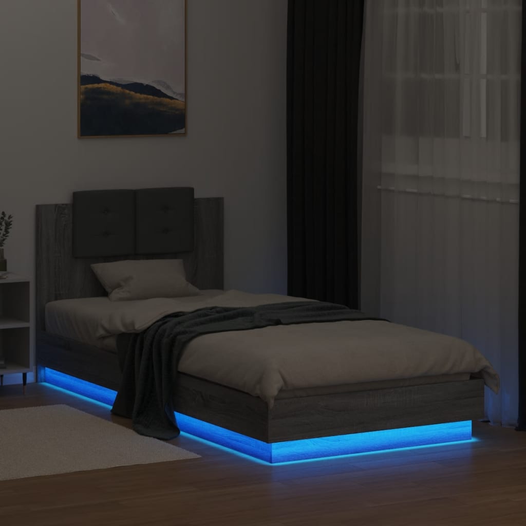 sengeramme med sengegavl og LED-lys 100x200 cm grå sonoma-eg