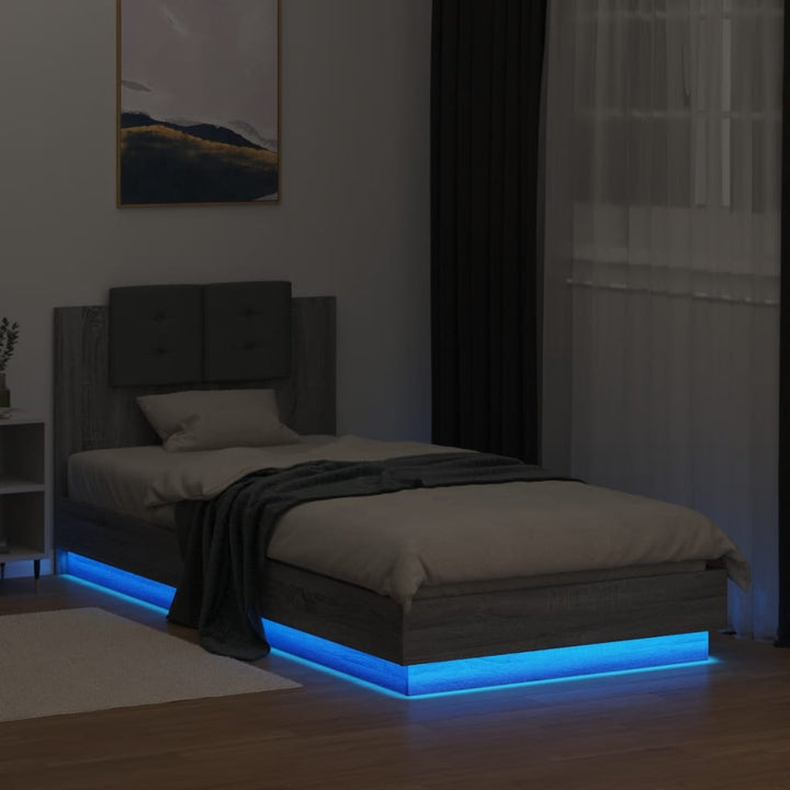sengeramme med sengegavl og LED-lys 100x200 cm grå sonoma-eg