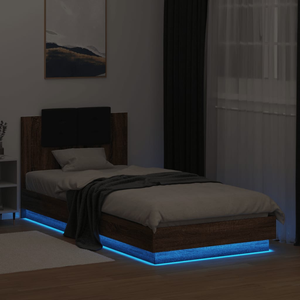 sengeramme m. sengegavl og LED-lys 100x200 cm brun egetræsfarve