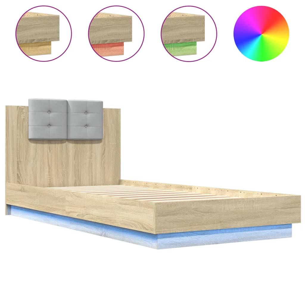 sengeramme med sengegavl og LED-lys 90x200 cm sonoma-eg