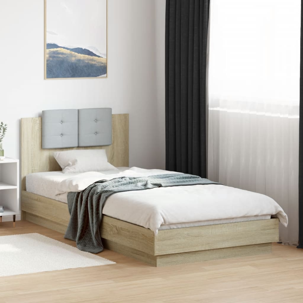 sengeramme med sengegavl og LED-lys 90x200 cm sonoma-eg
