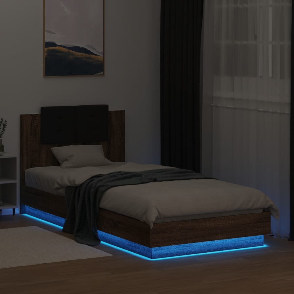 sengeramme m. sengegavl og LED-lys 90x200 cm brun egetræsfarve