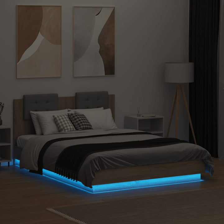 sengeramme med sengegavl og LED-lys 120x190 cm sonoma-eg